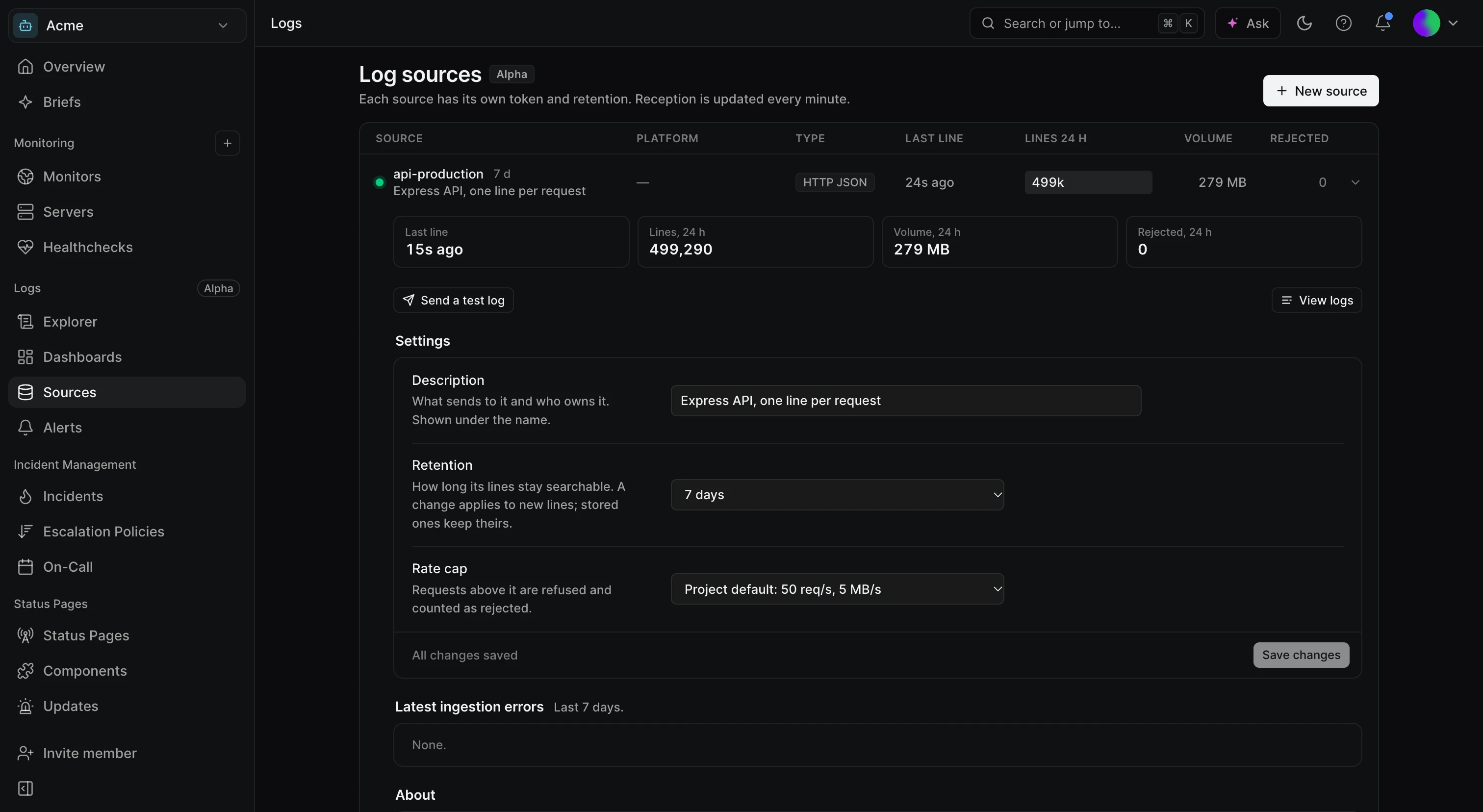 Source detail with last line, lines, volume and rejected counts over 24 hours, Send a test log and View logs buttons, and settings for description, retention and rate cap