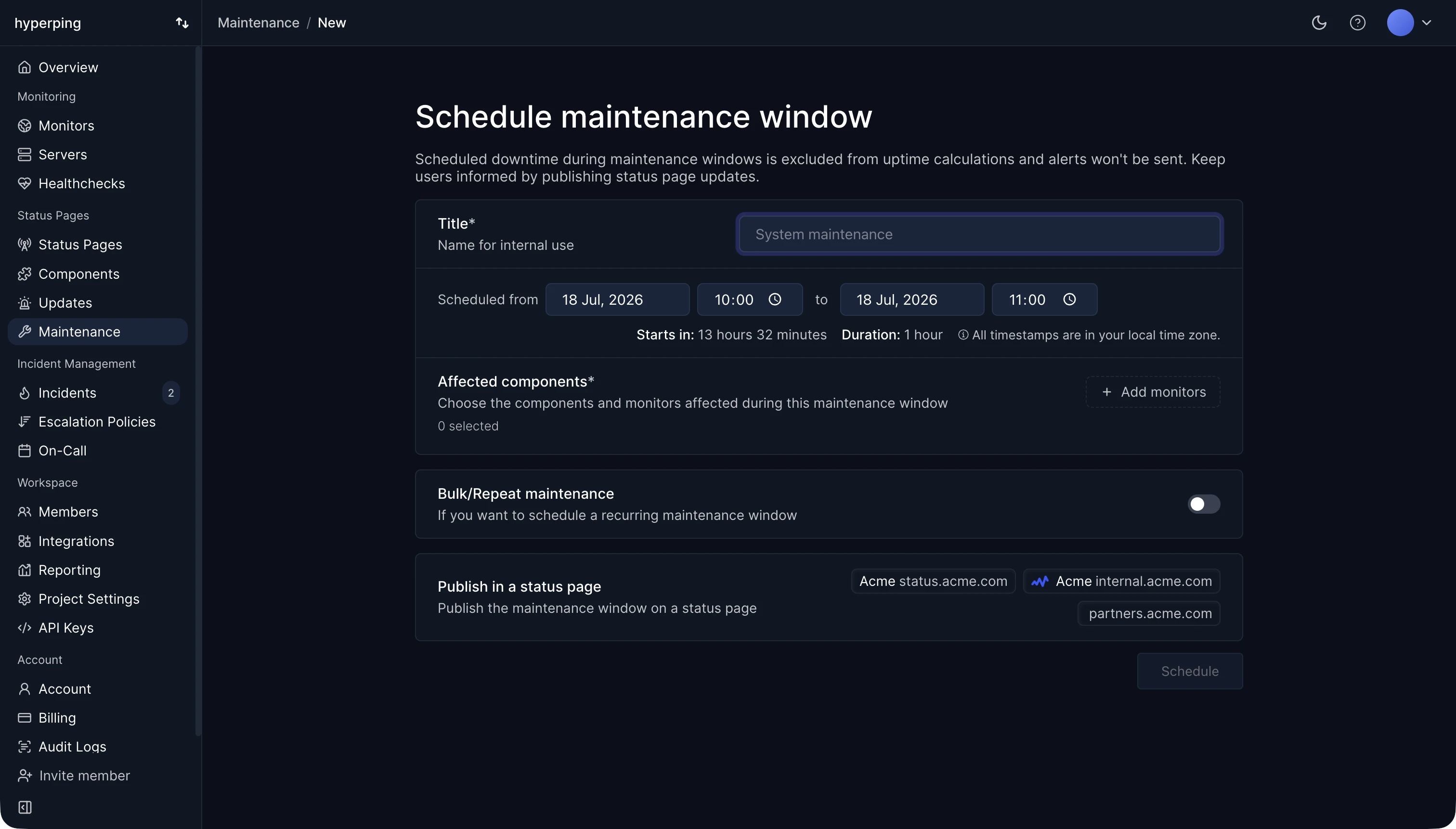 Schedule maintenance window form in the Hyperping dashboard