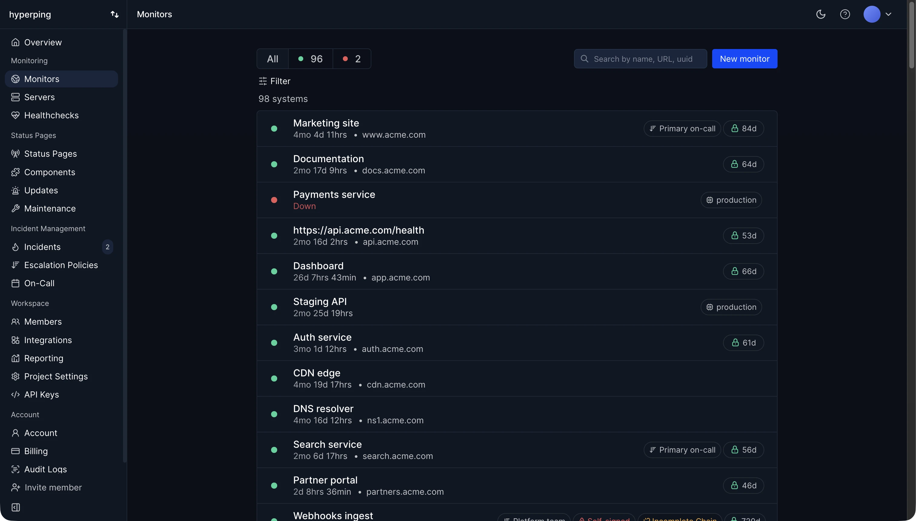 Hyperping monitor list