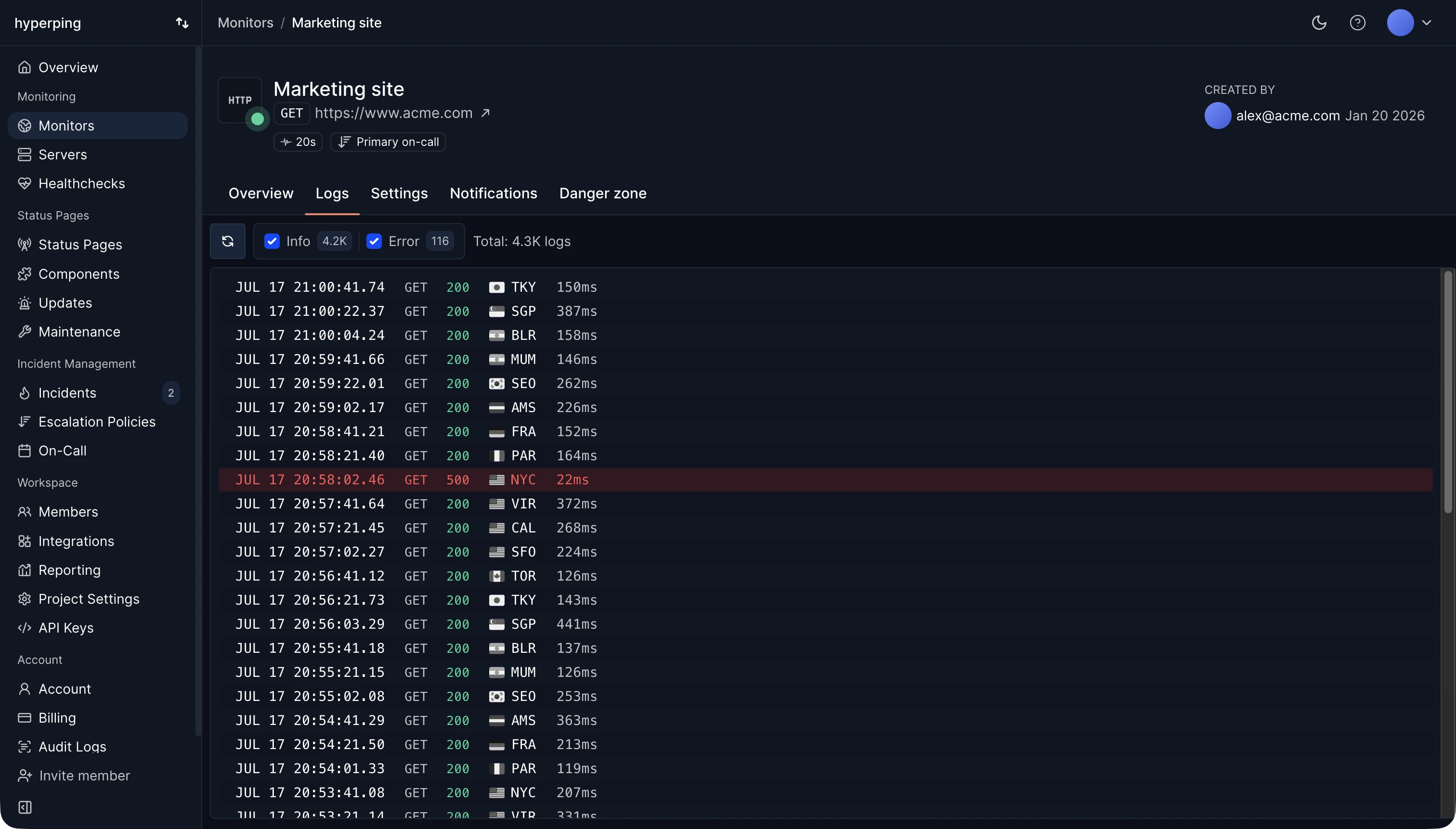 Monitor logs interface showing individual check results