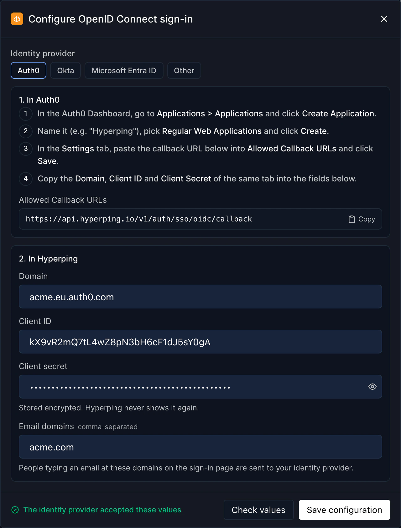 Configure OpenID Connect sign-in dialog with the Auth0 steps, the callback URL, and the domain, client ID, client secret and email domains fields