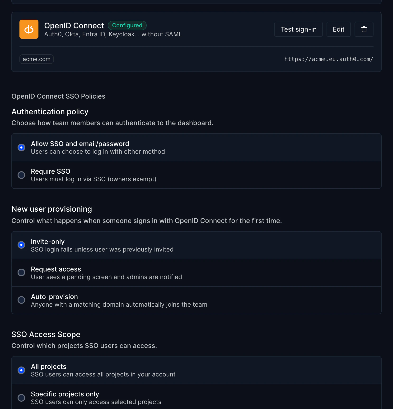 OpenID Connect card marked Configured with the acme.com domain, followed by the authentication policy, new user provisioning and SSO access scope settings