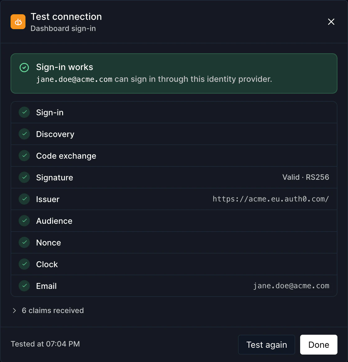 Test connection report for dashboard sign-in: Sign-in works, with nine passed checks