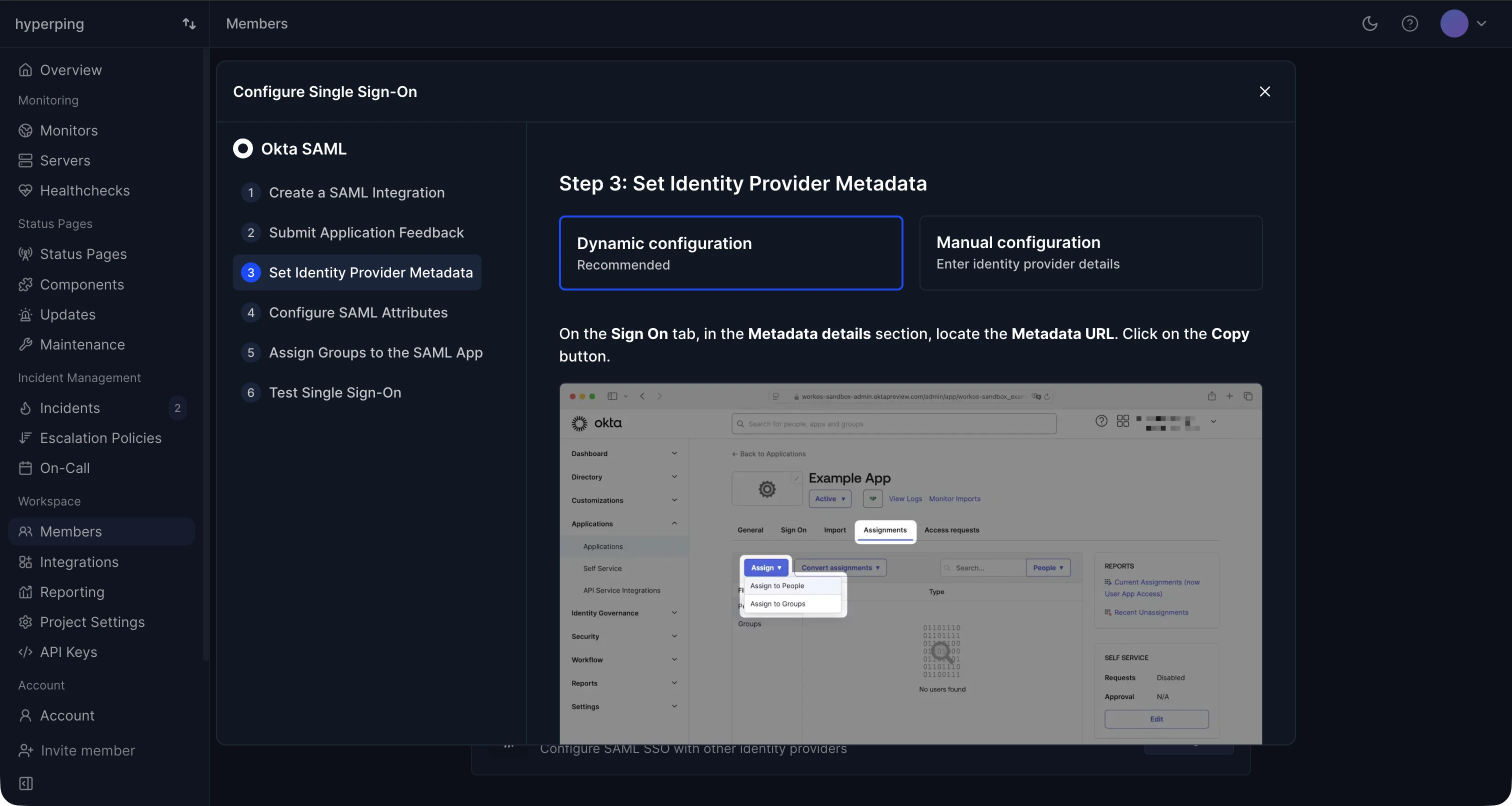 Okta wizard metadata step with dynamic and manual configuration options