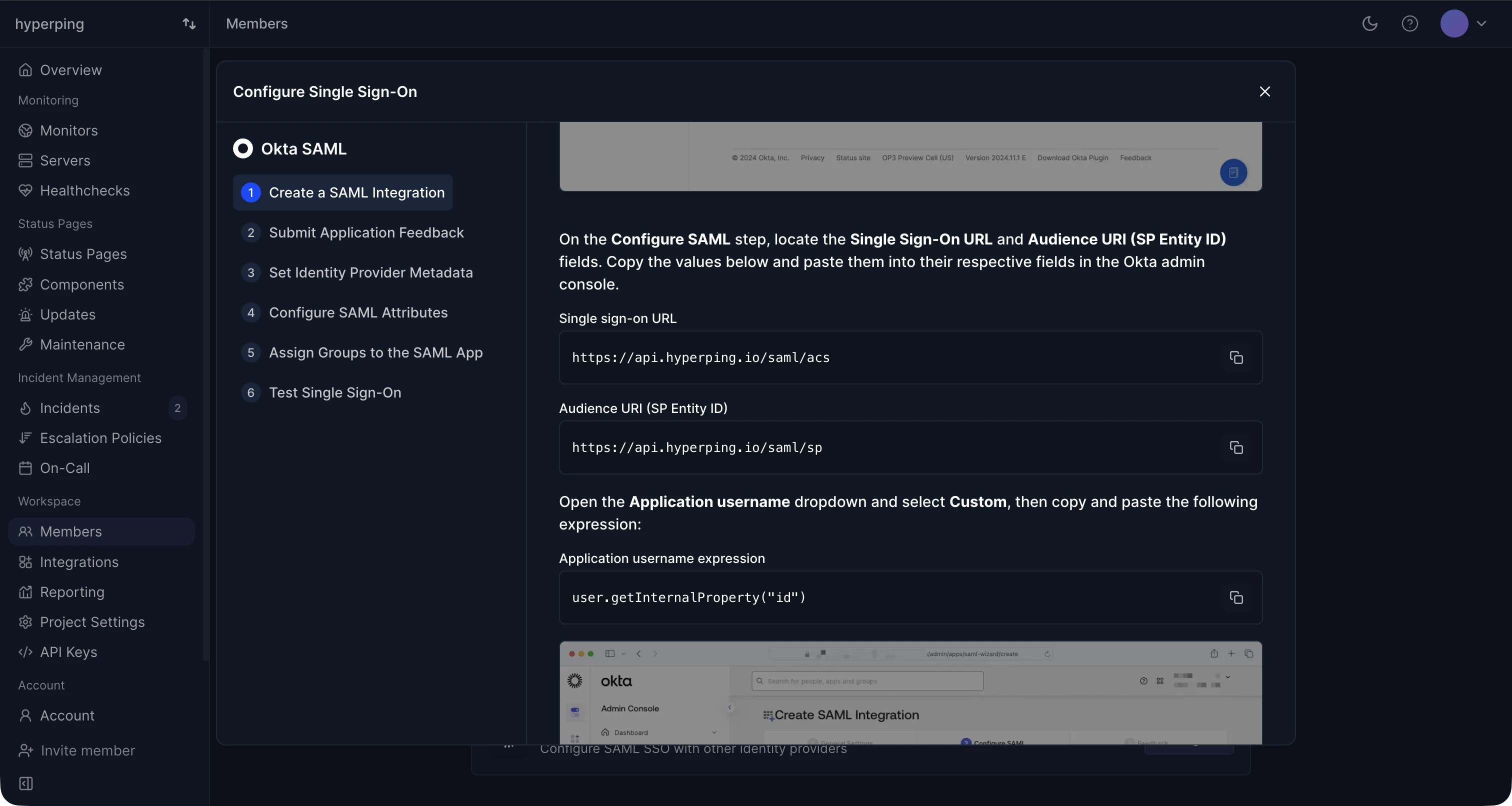 Okta wizard showing the single sign-on URL, audience URI, and application username expression
