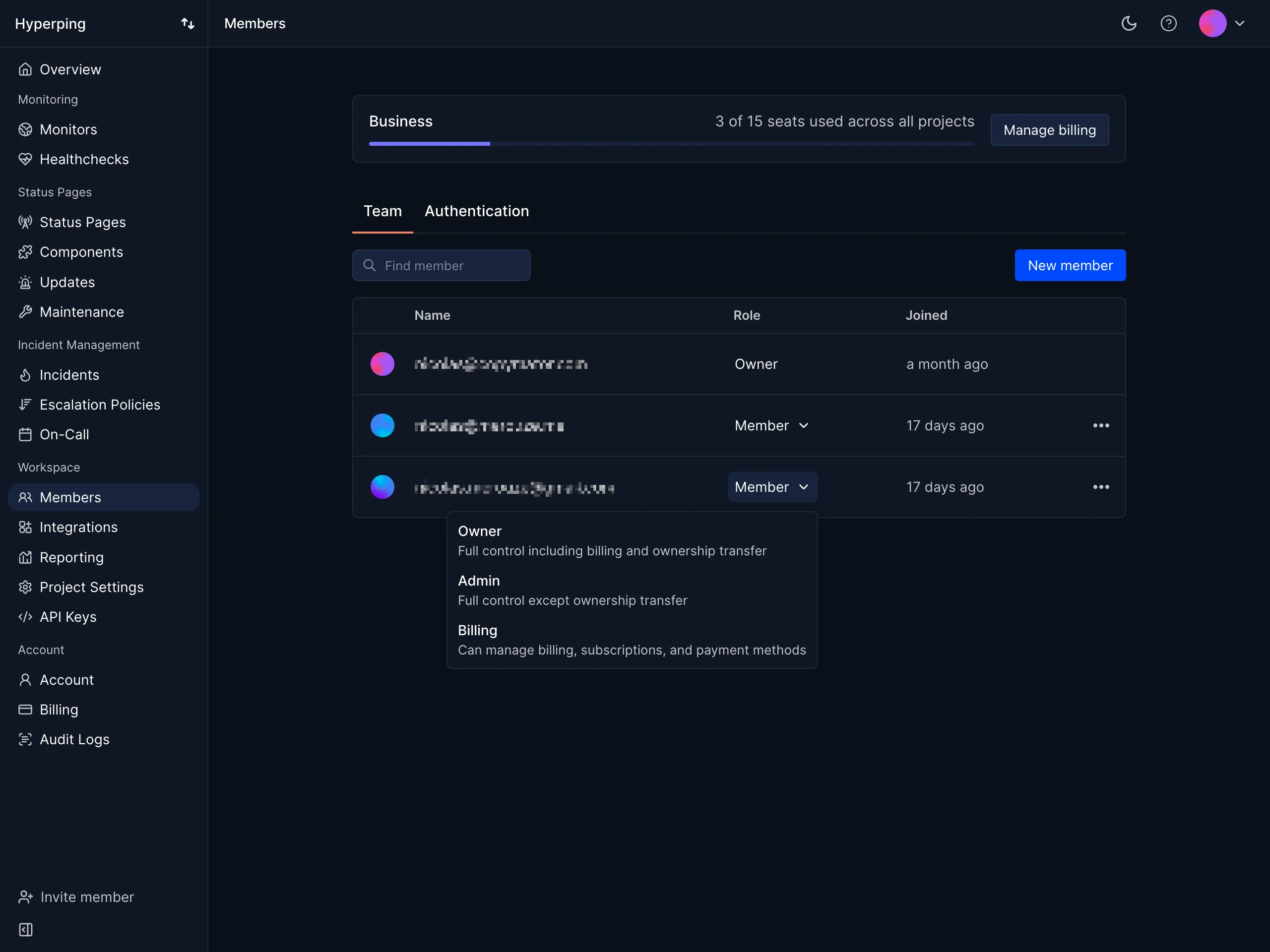 The Members page with the role dropdown showing Owner, Admin, and Billing descriptions