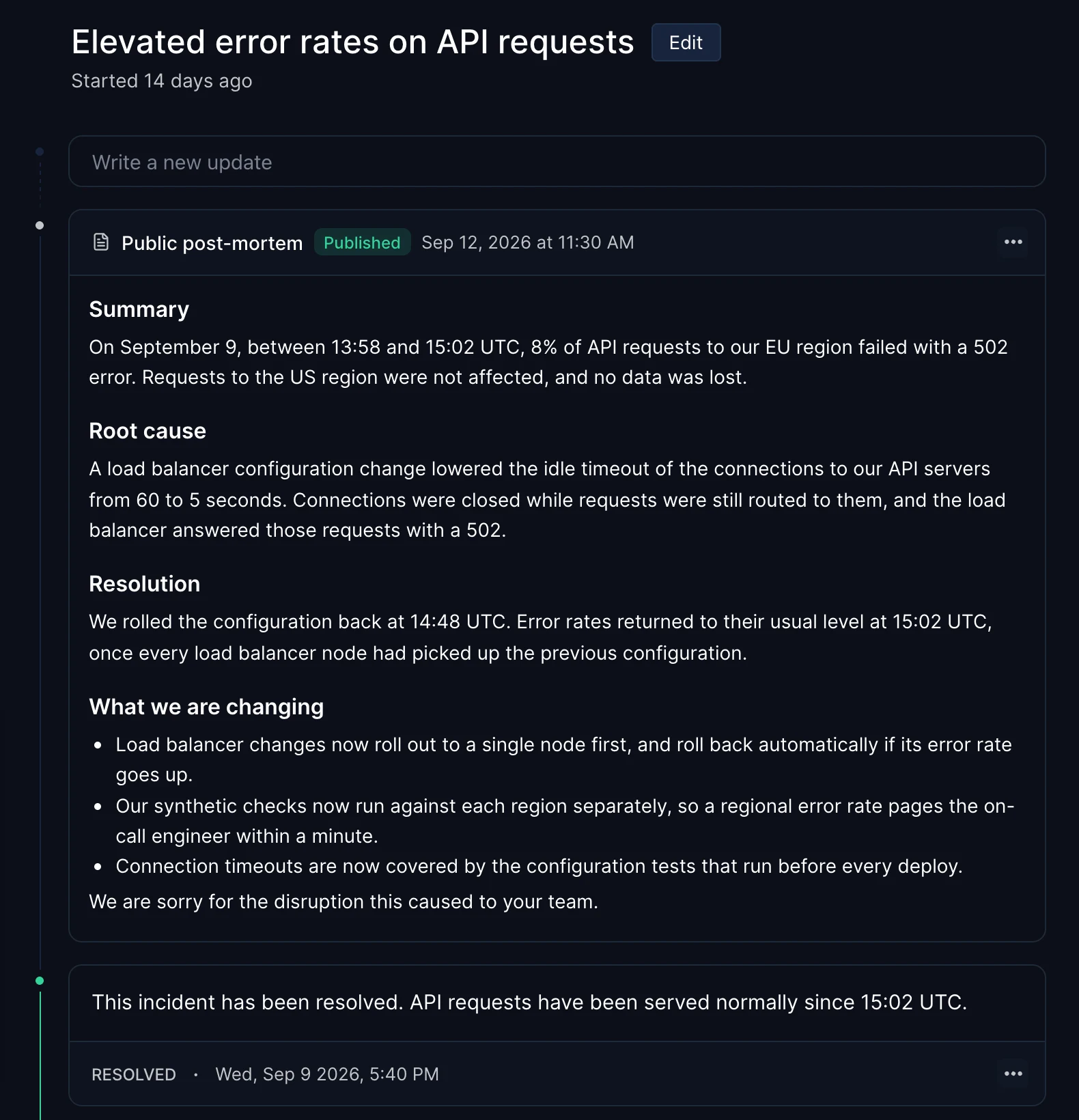 Published public post-mortem in the incident timeline of the Hyperping dashboard