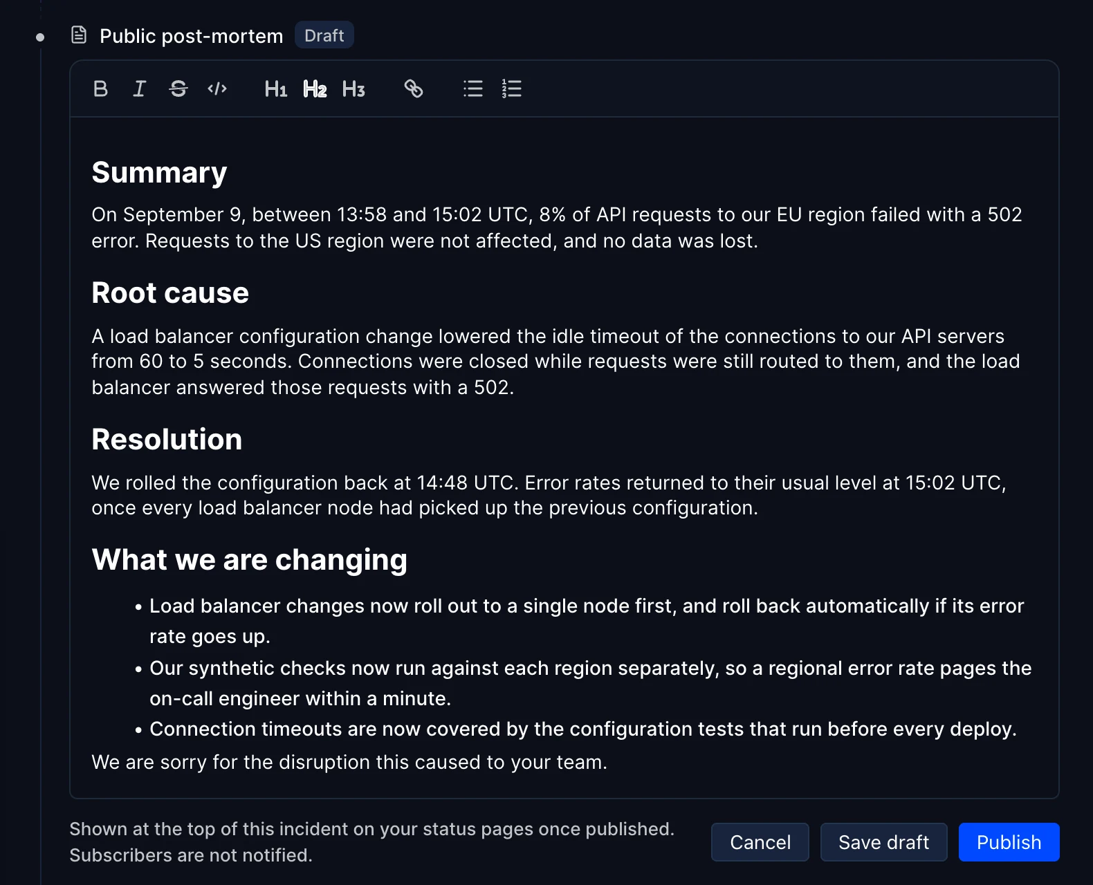 Public post-mortem editor in the Hyperping dashboard, with Save draft and Publish buttons