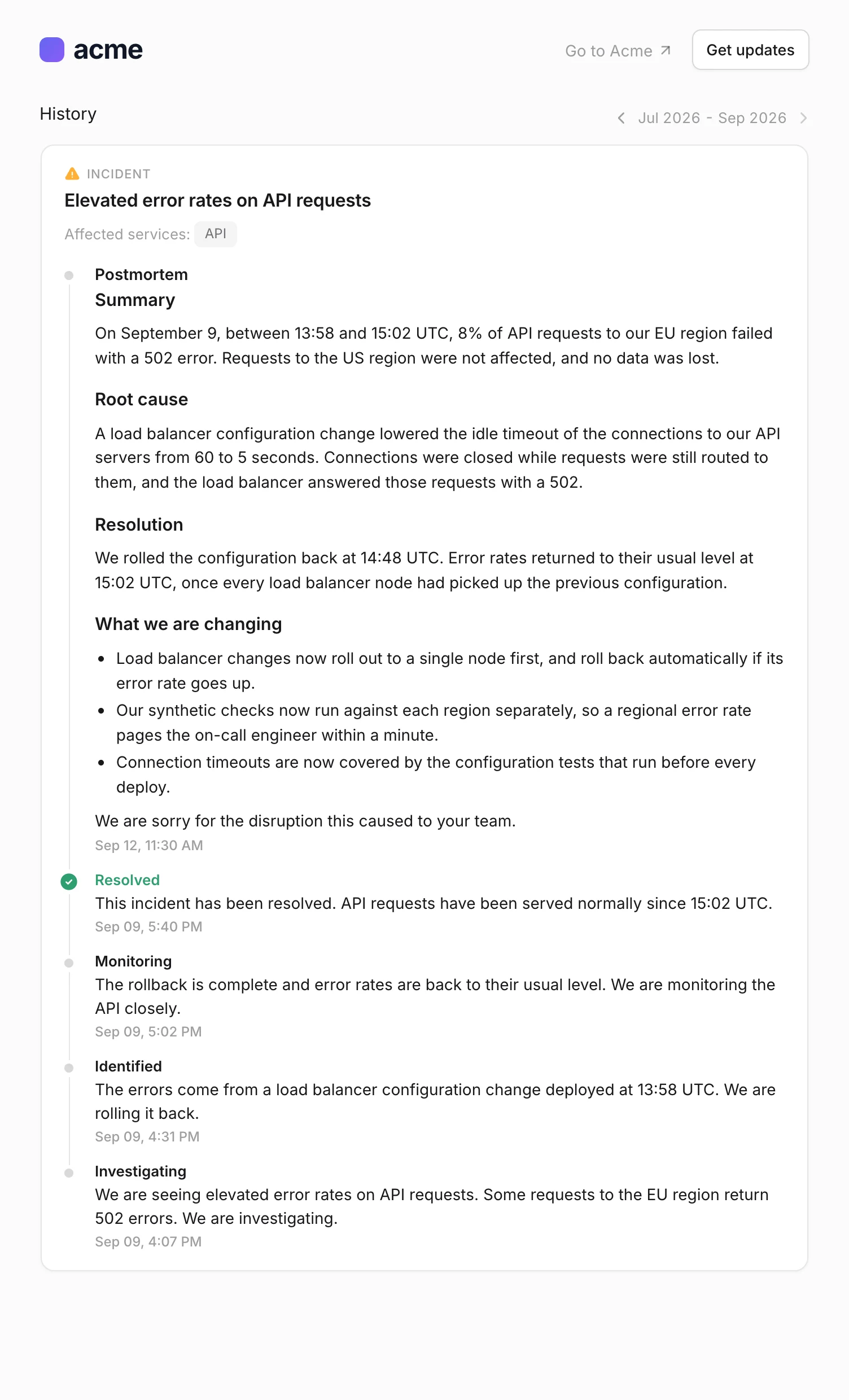 Status page incident page showing the full post-mortem above the incident updates