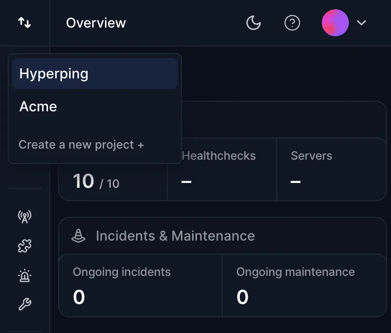 Project view interface showing the project dropdown and settings