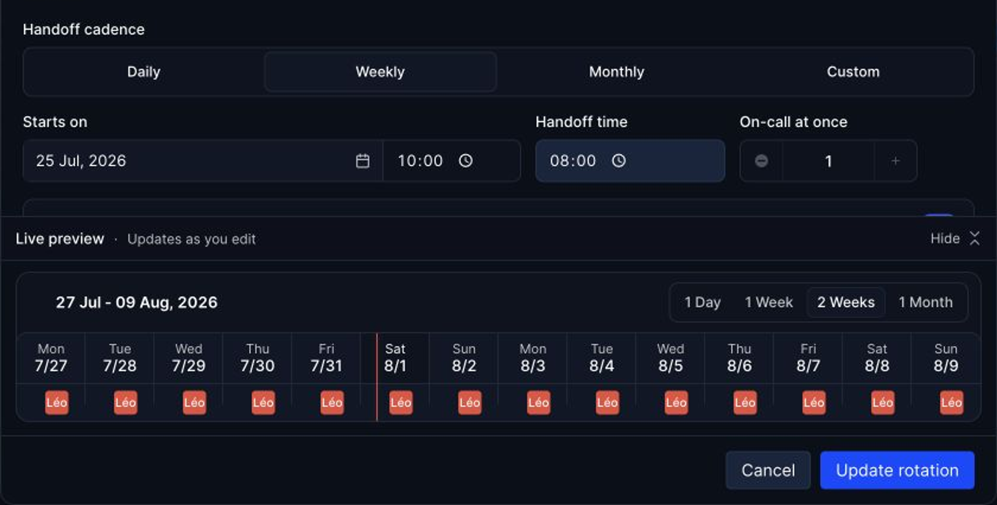 Hyperping rotation editor showing handoff cadence, handoff time, concurrent coverage, and live preview
