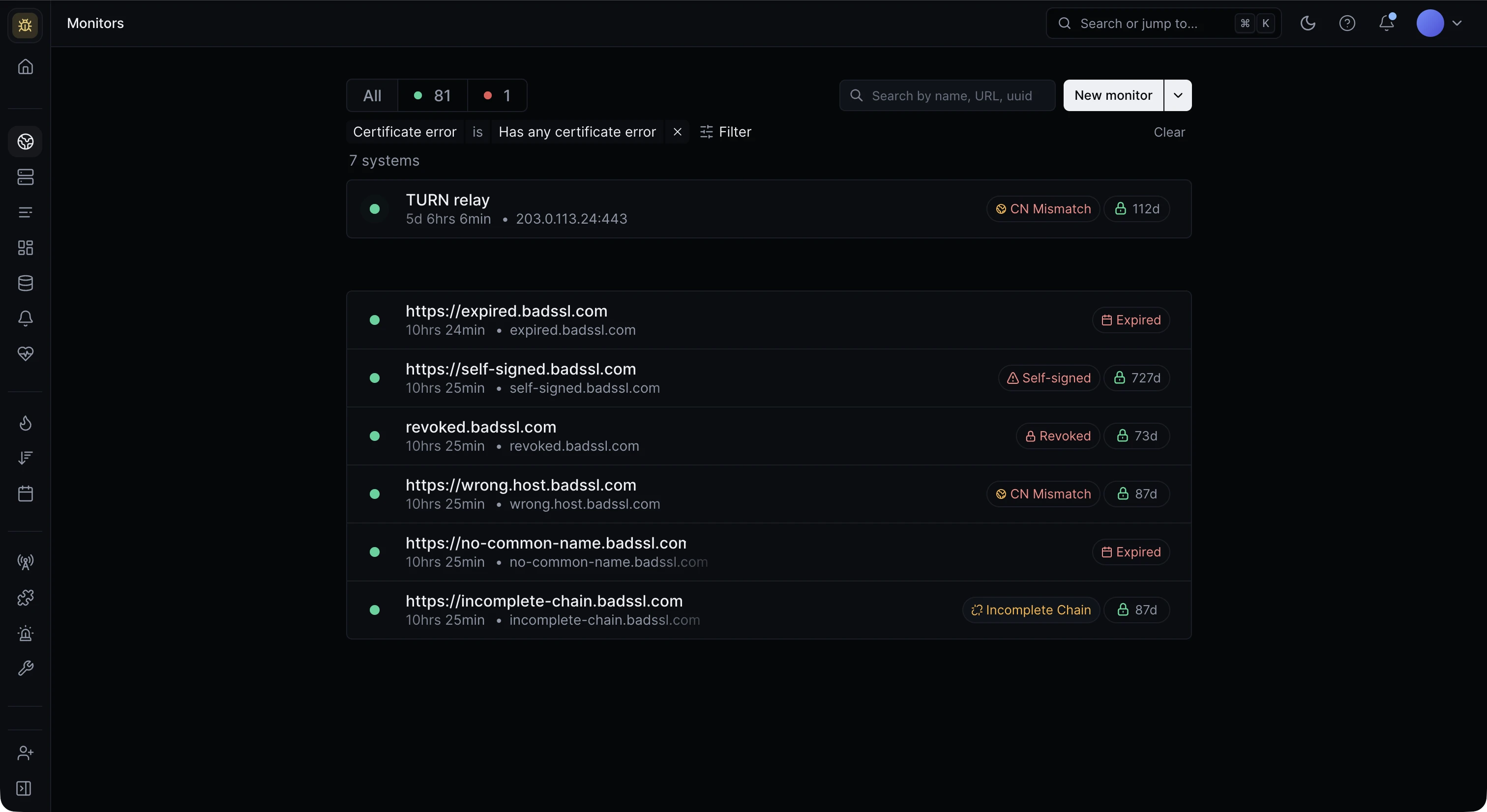 Monitor list filtered on Has any certificate error, with Expired, Self-signed, Revoked, CN Mismatch and Incomplete Chain badges