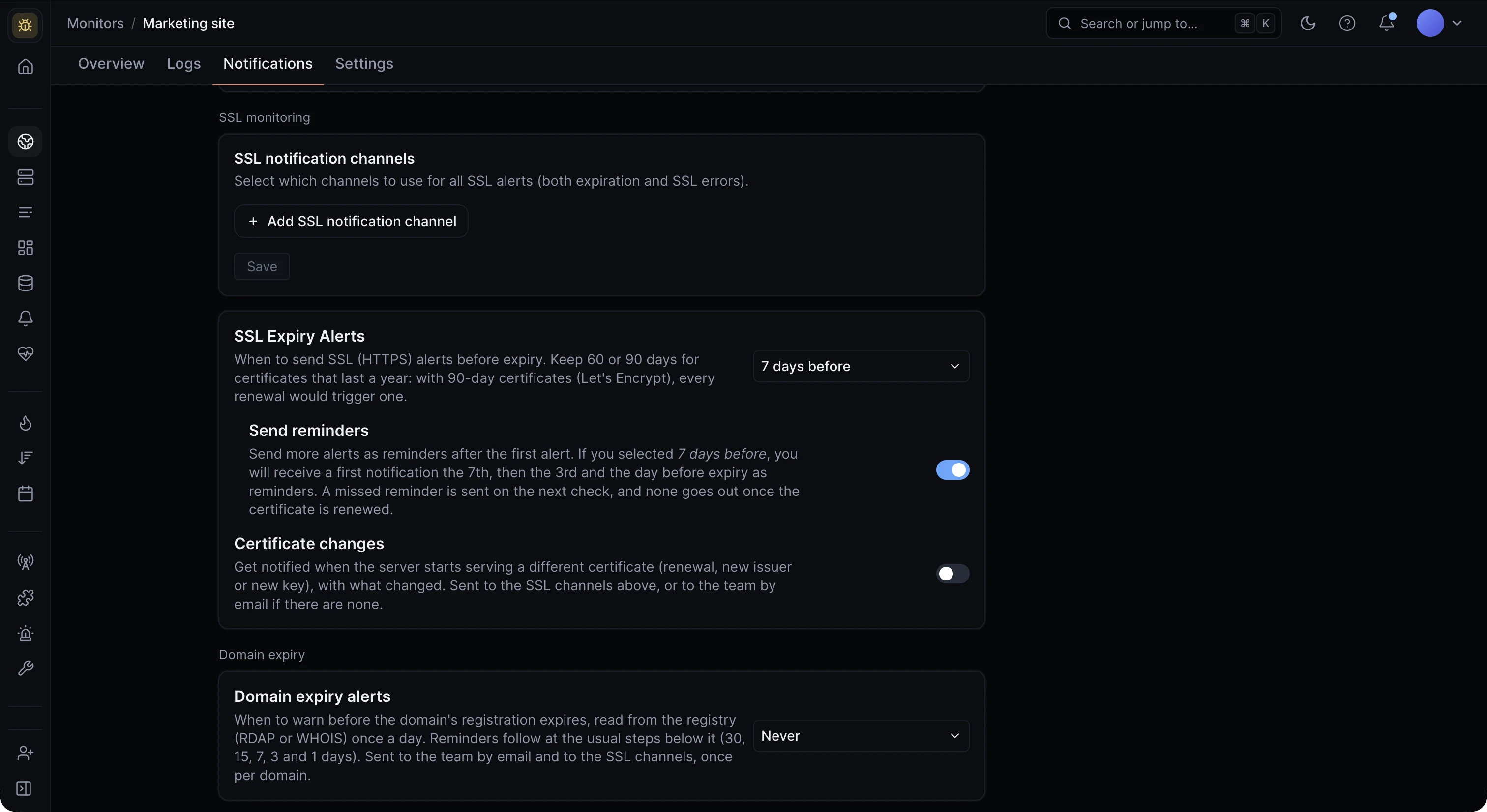 Notifications tab with SSL notification channels, SSL Expiry Alerts, Send reminders and Certificate changes