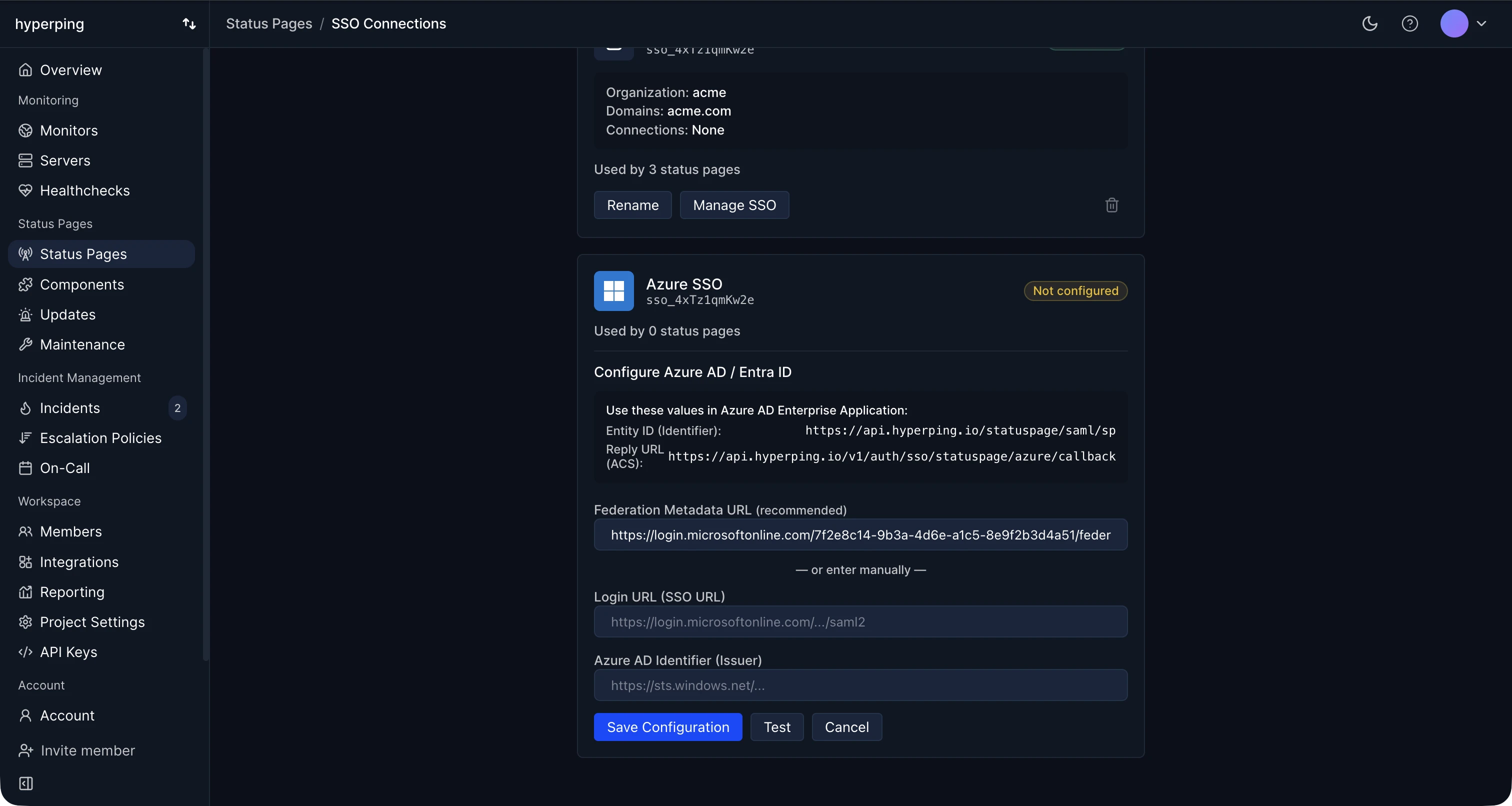 Azure AD status page SSO connection configuration panel