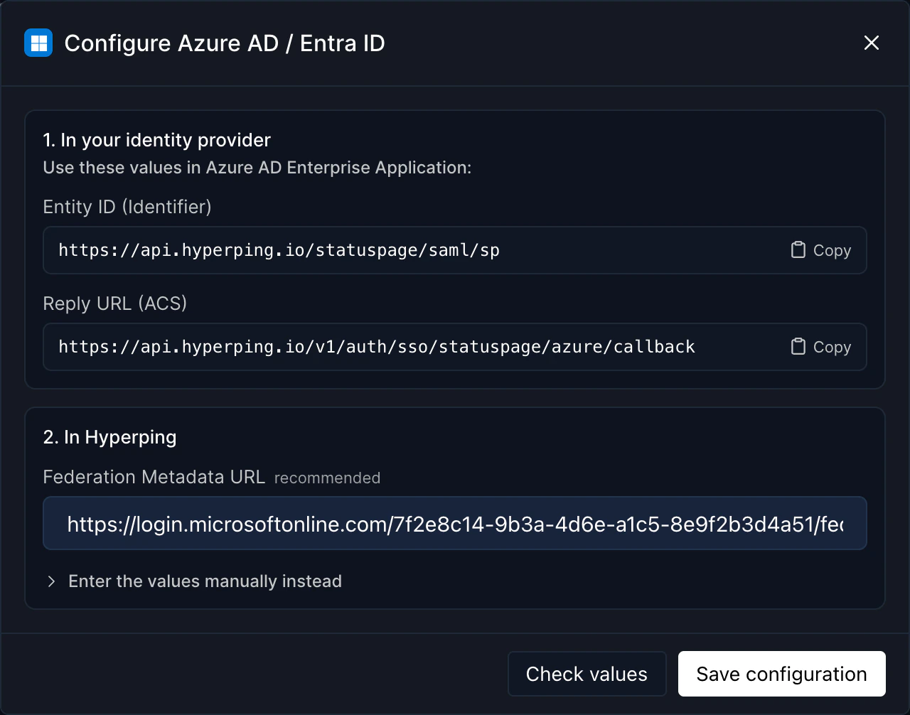 Configure Azure AD / Entra ID dialog with the entity ID, the reply URL and the Federation Metadata URL field