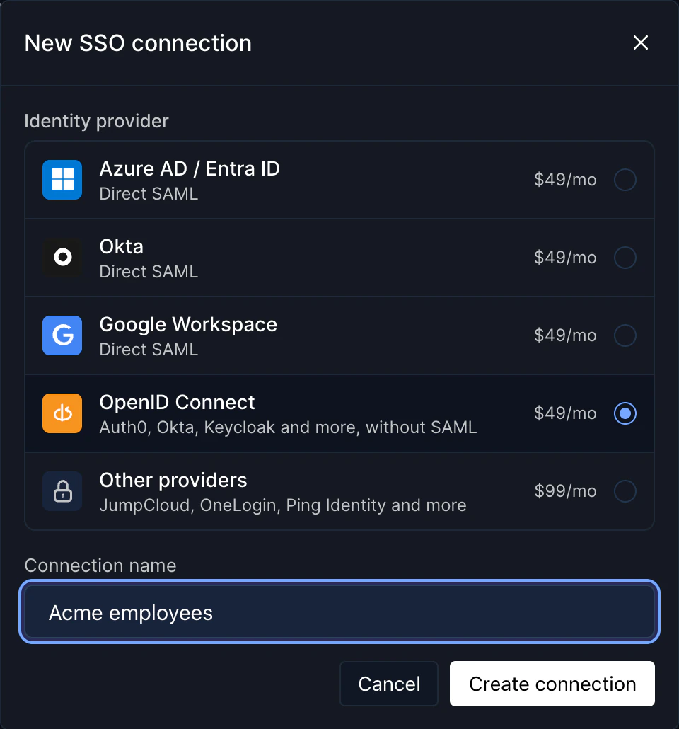 New SSO connection dialog with the identity providers and their prices