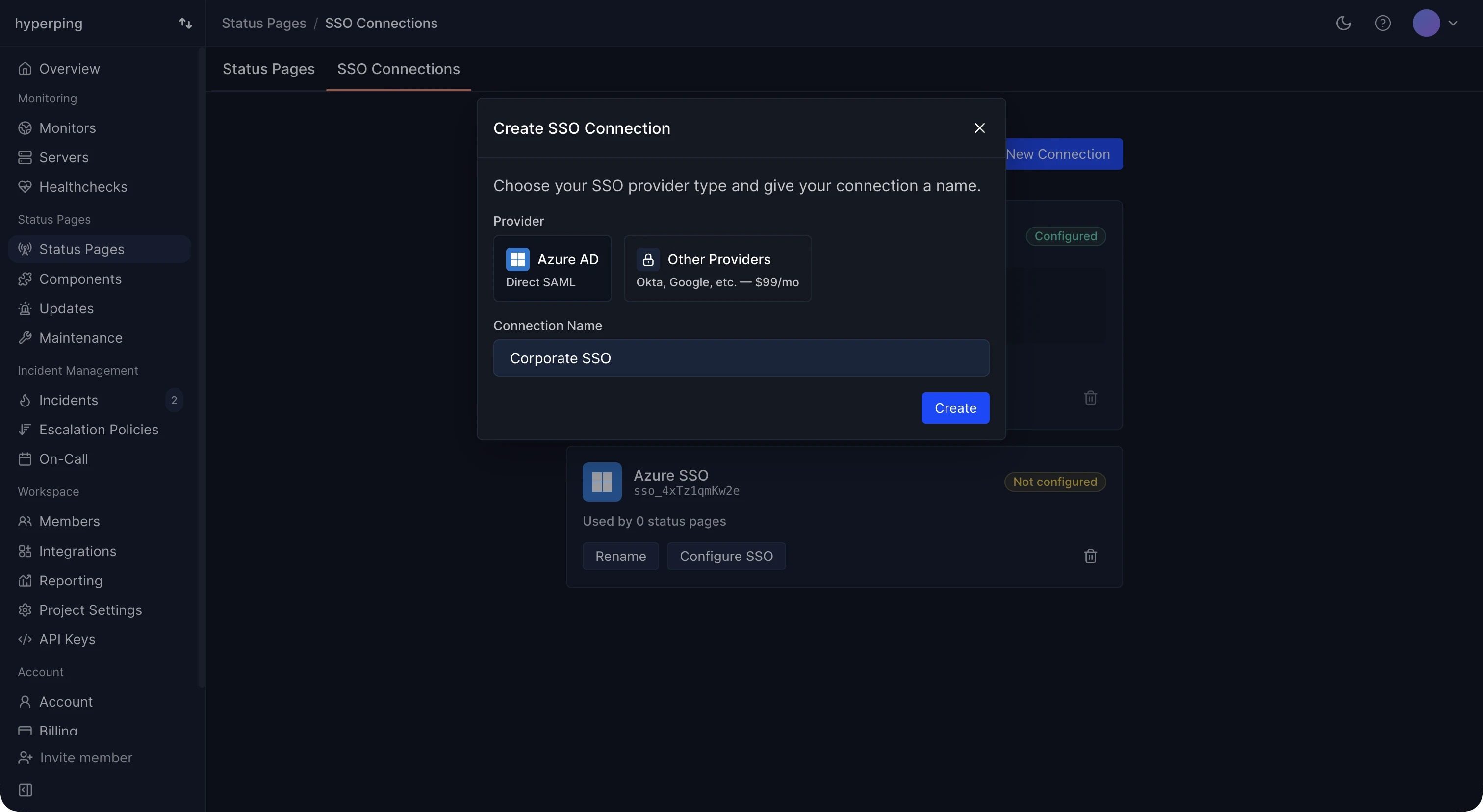 The Create SSO Connection modal with Azure AD and Other Providers options