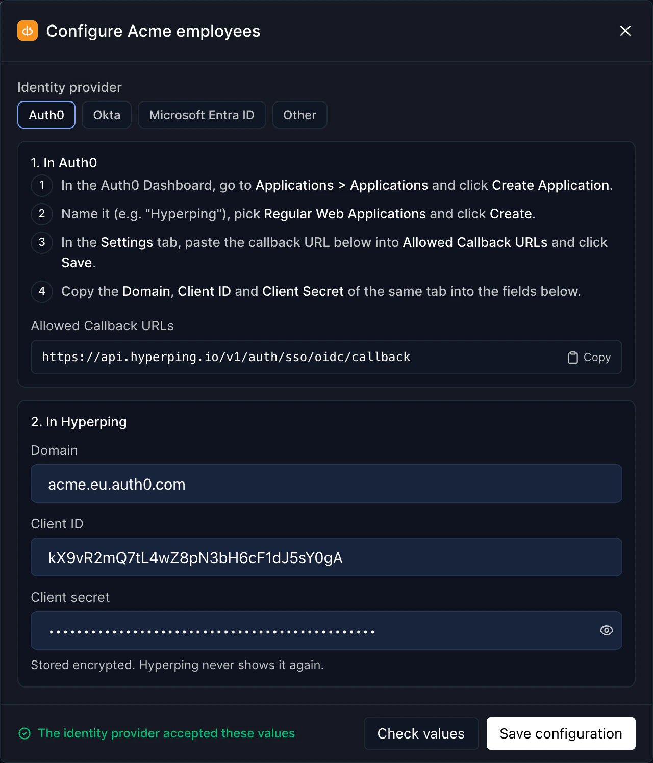 Configure dialog of an OpenID Connect connection with the Auth0 steps, the callback URL, and the domain, client ID and client secret fields
