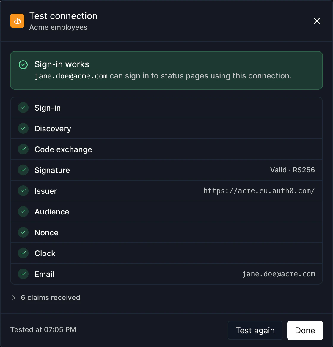 Test connection report for the Acme employees connection: Sign-in works, with nine passed checks