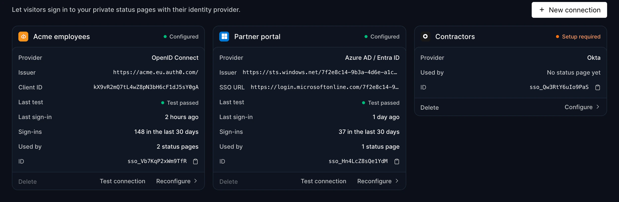 The SSO Connections page with an OpenID Connect connection, an Entra ID connection, and an Okta connection that still needs setup