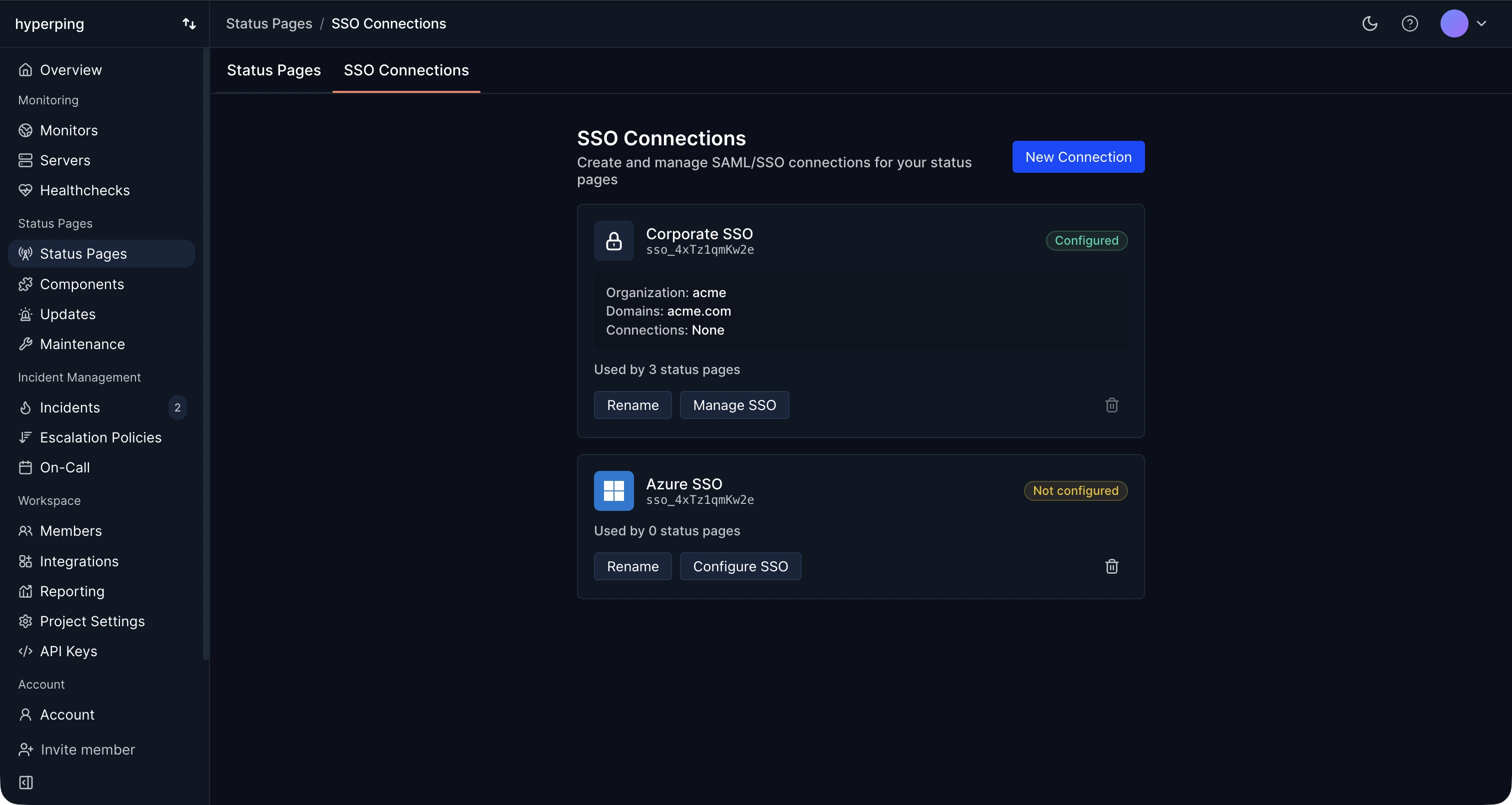 The SSO Connections page with a configured and an unconfigured connection