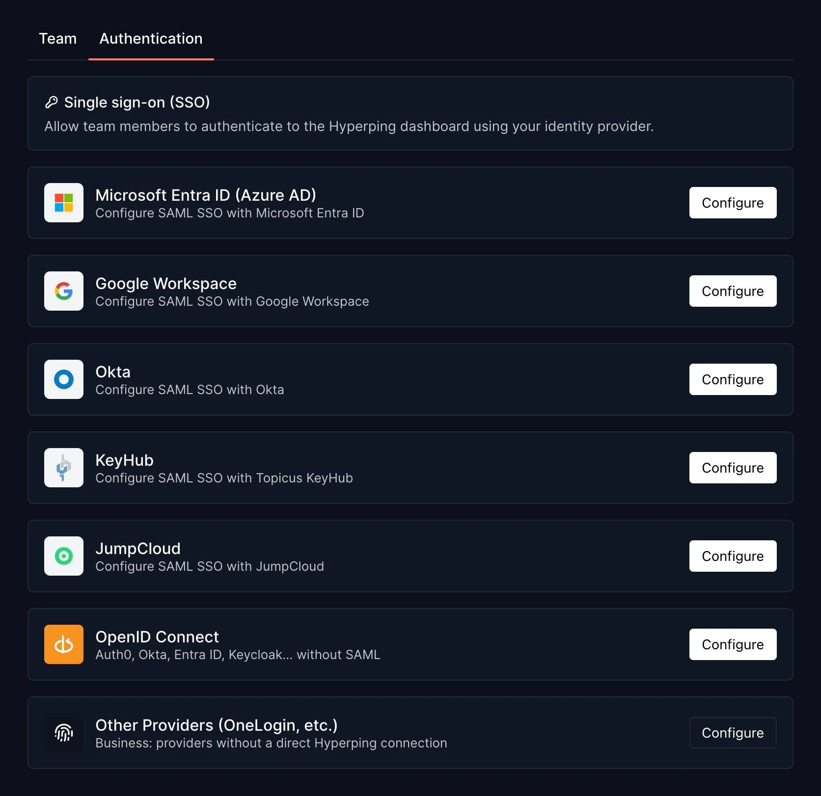 SSO provider cards: Microsoft Entra ID, Google Workspace, Okta, KeyHub, JumpCloud, OpenID Connect, and Other Providers