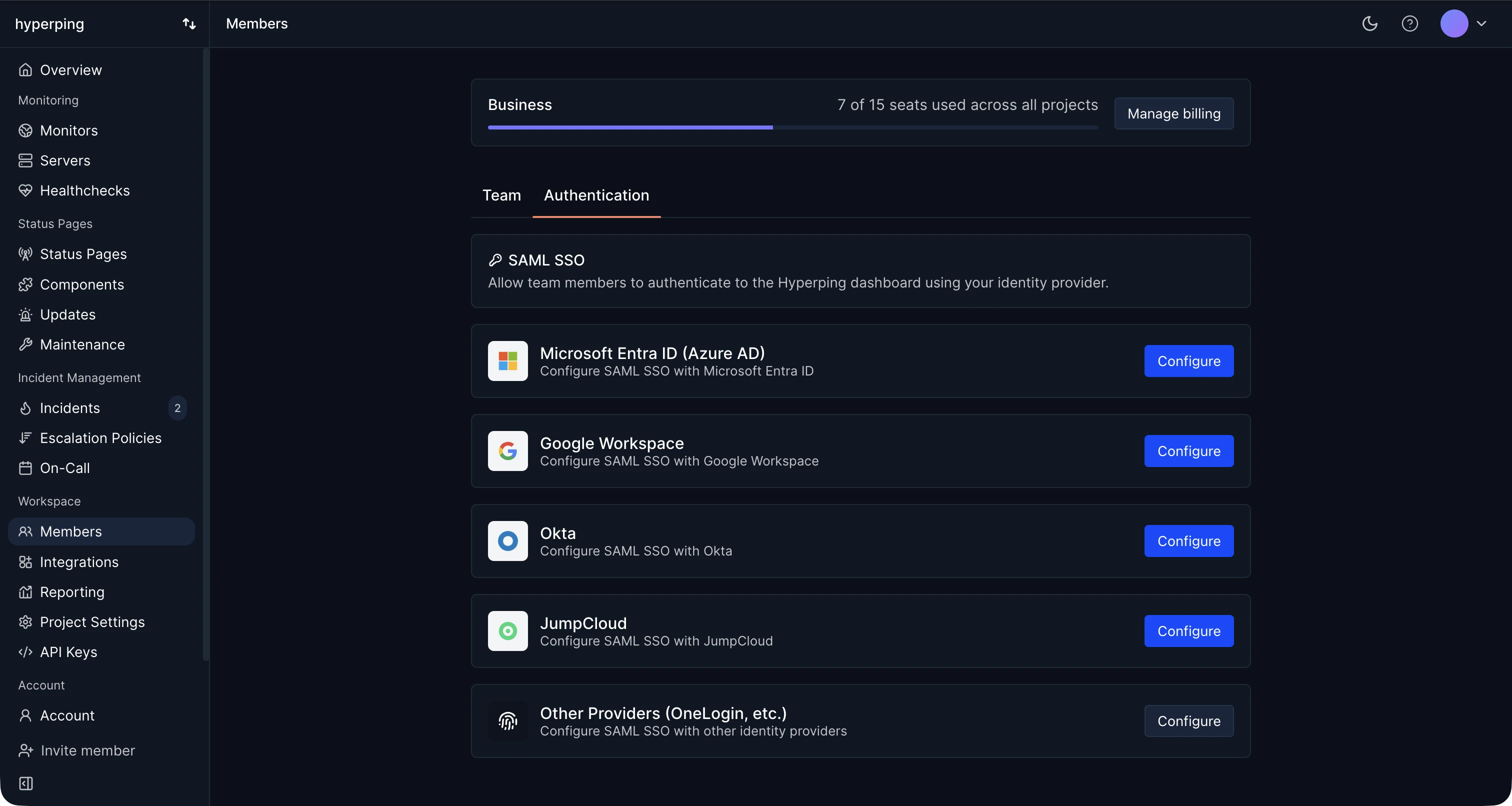 SAML SSO provider cards: Microsoft Entra ID, Google Workspace, Okta, JumpCloud, and Other Providers