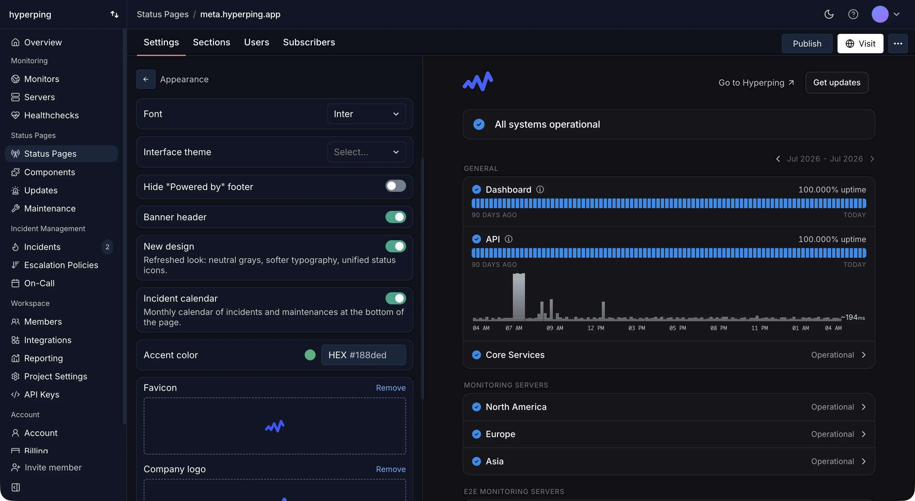 Status page appearance settings with branding options and live preview