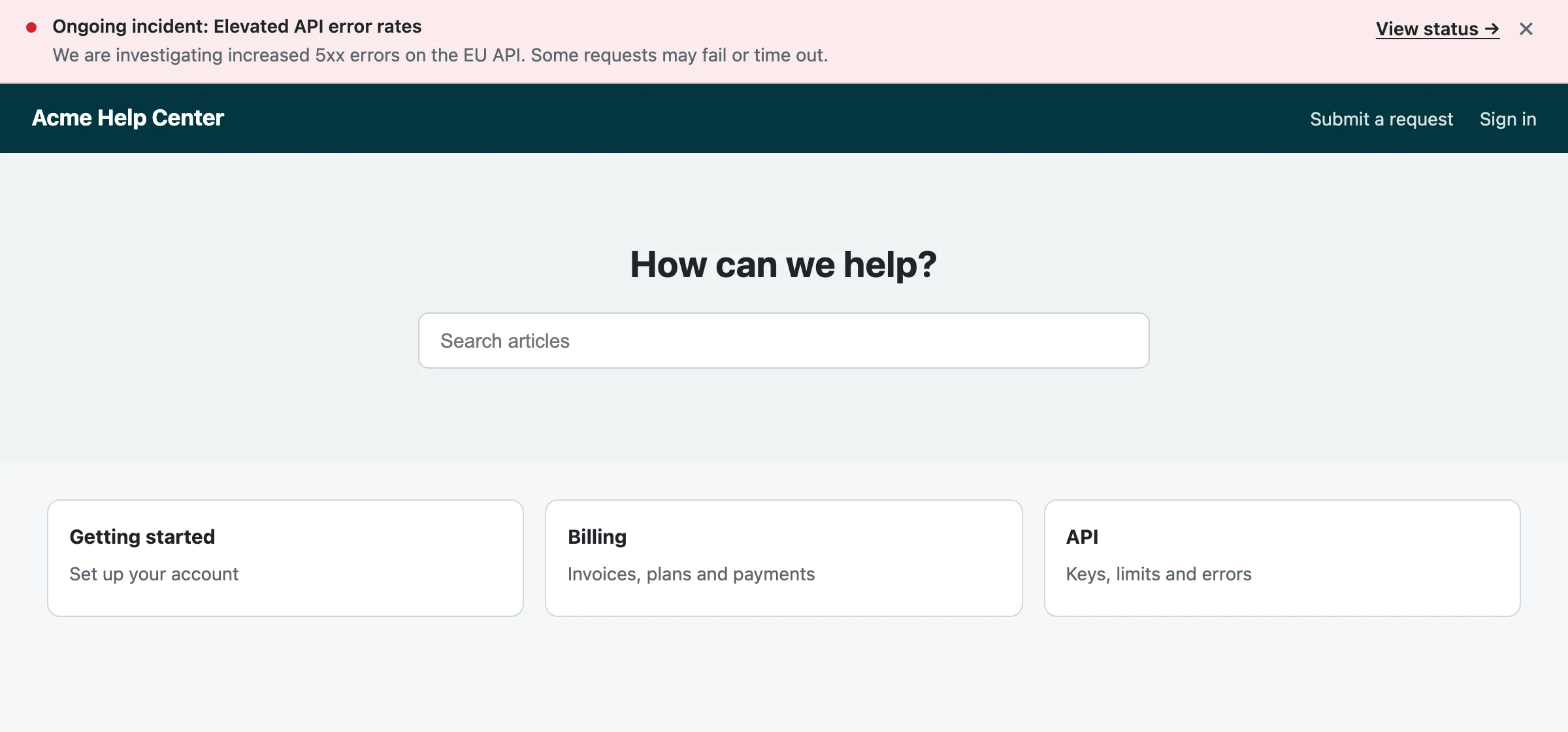 An Acme Help Center page with a red status banner at the top: Ongoing incident: Elevated API error rates, the latest update, a View status link and a close button