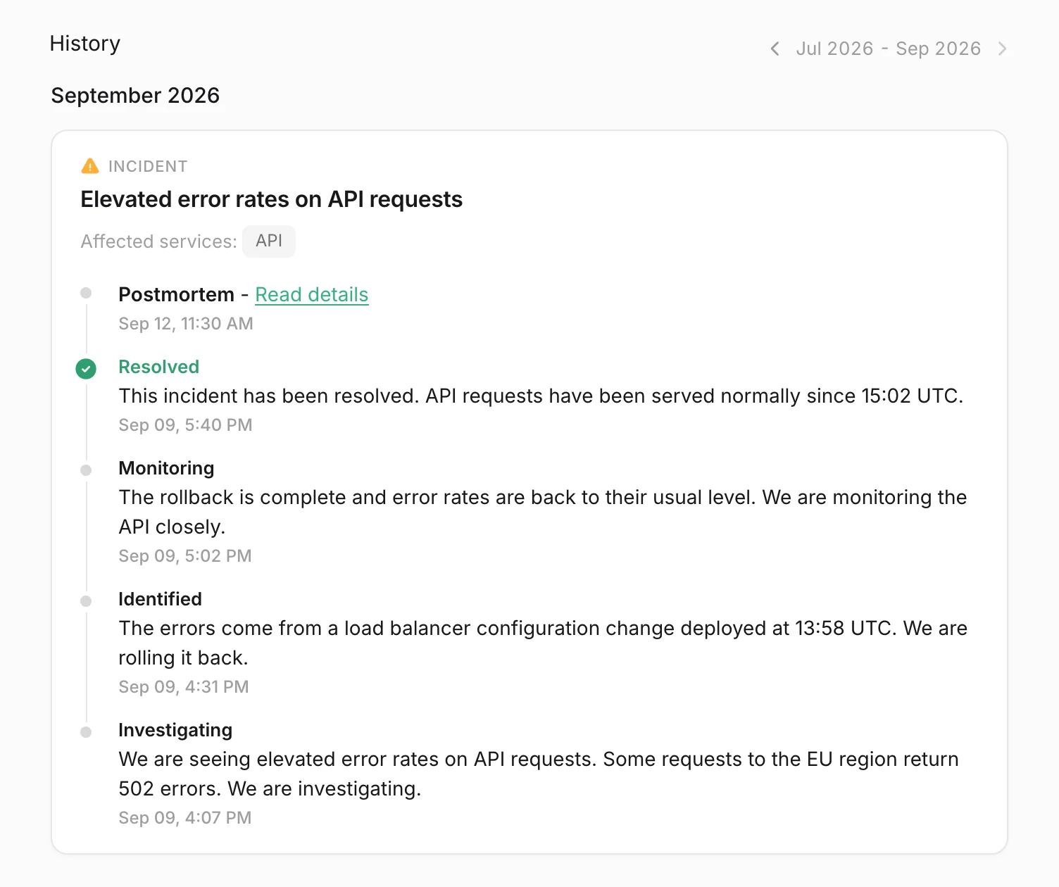 An incident in the status page history, with a Postmortem - Read details entry