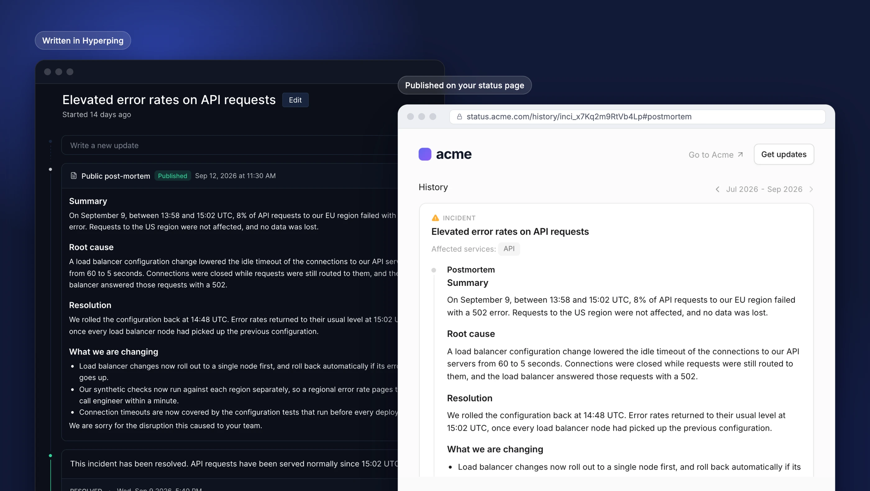 A post-mortem written in Hyperping and published on the status page