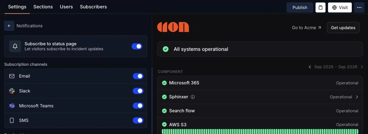 Hyperping status page Notifications settings with Subscribe to status page and the SMS subscription channel turned on