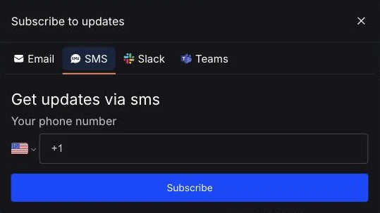Status page Subscribe to updates dialog on the SMS tab, with a country picker and a phone number field