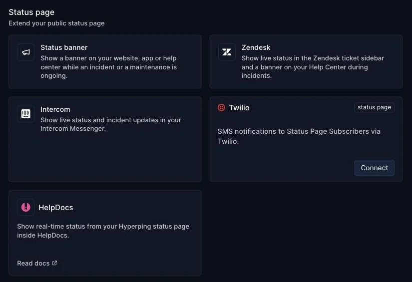 Hyperping Integrations page showing the Twilio card with a Connect button in the Status page section