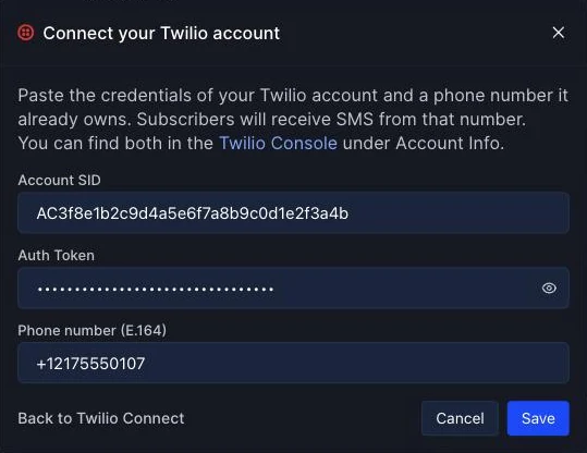 Hyperping form with Account SID, Auth Token and Phone number (E.164) fields filled in