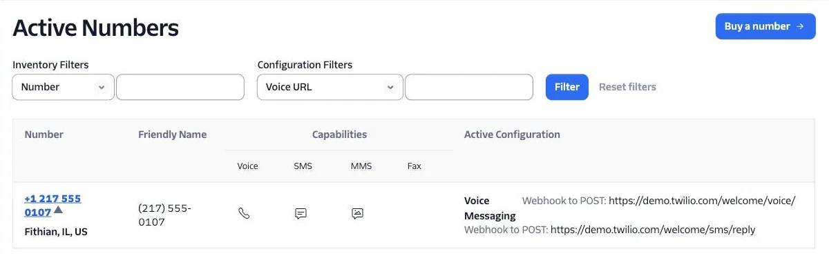 Twilio Active Numbers list with the newly purchased local number and its SMS capability