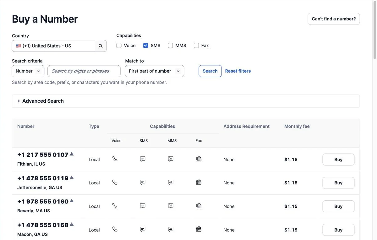 Twilio Buy a Number page filtered on SMS-capable US numbers, each listed at $1.15 per month