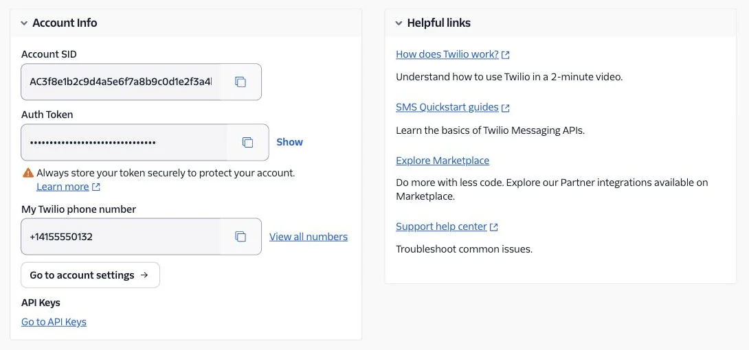 Twilio Console Account Info panel with the Account SID, the masked Auth Token and the account's phone number