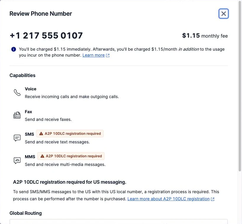 Twilio Review Phone Number dialog showing a $1.15 monthly fee and an A2P 10DLC registration required warning on SMS and MMS