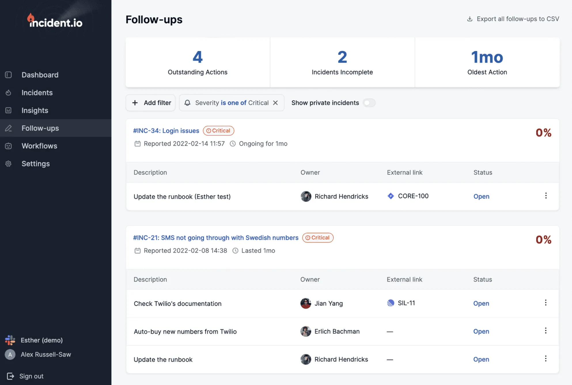 incident.io dashboard
