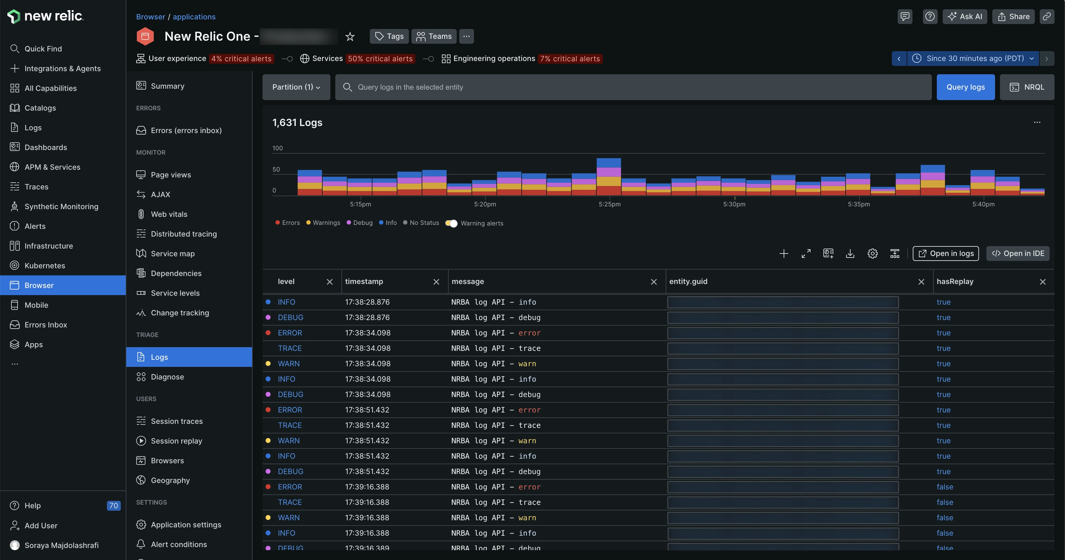 New Relic dashboard